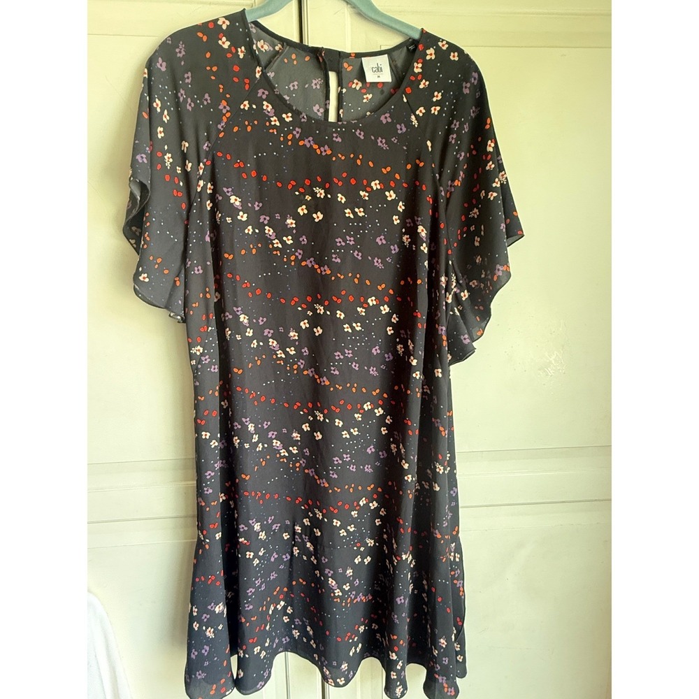 Cabi Womens Floral Flutter Sleeve Shift Dress Black Multi Color Ruffle Hem M - Picture 2 of 10